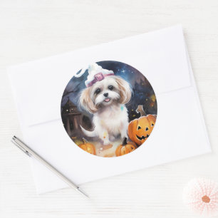 Halloween Malti Tzu With Pumpkins Scary Classic Round Sticker