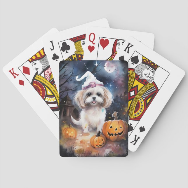 Halloween Malti Tzu With Pumpkins Scary  Playing Cards (Back)