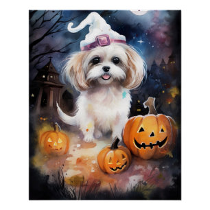 Halloween Malti Tzu With Pumpkins Scary  Poster