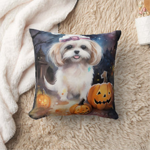 Halloween Malti Tzu With Pumpkins Scary Throw Pillow