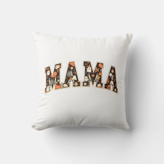 Halloween MAMA– Retro Varsity Ghost & Pumpk Throw Pillow (Front)