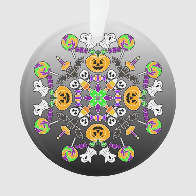 Halloween Mandala Ghosts, Pumpkins and Lolipops Ornament (Front)