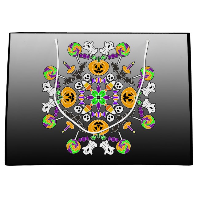Halloween Mandala Ghosts, Pumpkins, Bats and Skull Large Gift Bag (Front)