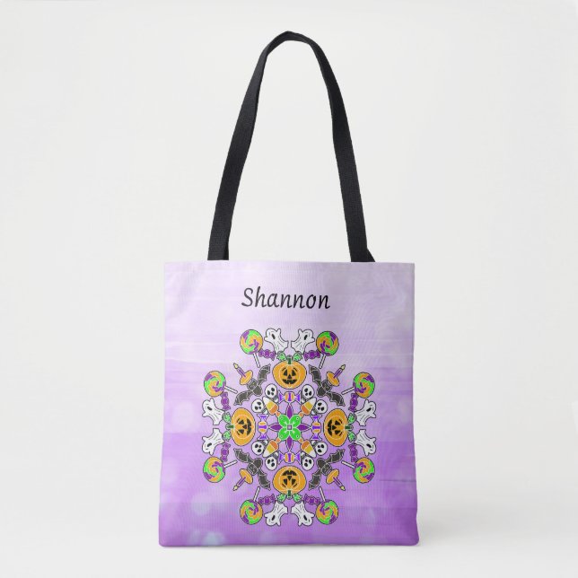 Halloween Mandala Ghosts, Pumpkins, Bats and Skull Tote Bag (Front)