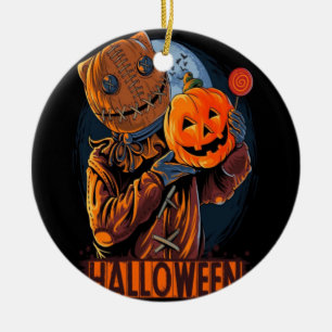 HALLOWEEN MASKED SCARECROW MAN  PUMPKIN CERAMIC ORNAMENT
