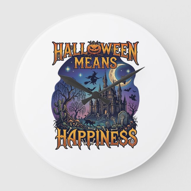 Halloween Means Happiness Haunted Castle Witch Moo Large Clock (Front)