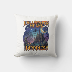 Halloween Means Happiness Haunted Castle Witch Moo Throw Pillow