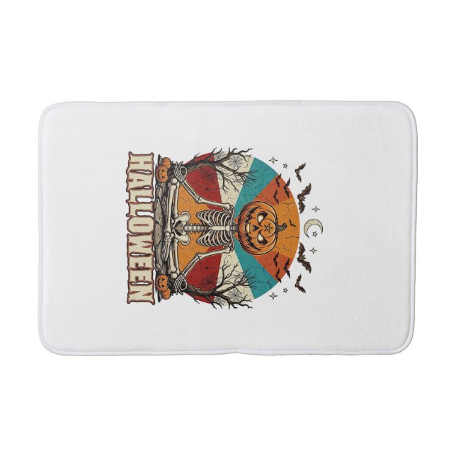 Halloween Meditating Pumpkin Skeleton Retro Sun Ba Bath Mat (Front)