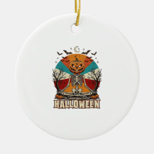 Halloween Meditating Pumpkin Skeleton Retro Sun Ba Ceramic Ornament