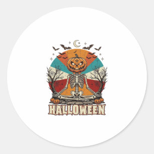 Halloween Meditating Pumpkin Skeleton Retro Sun Ba Classic Round Sticker