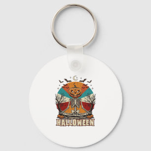 Halloween Meditating Pumpkin Skeleton Retro Sun Ba Keychain