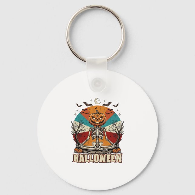 Halloween Meditating Pumpkin Skeleton Retro Sun Ba Keychain (Front)