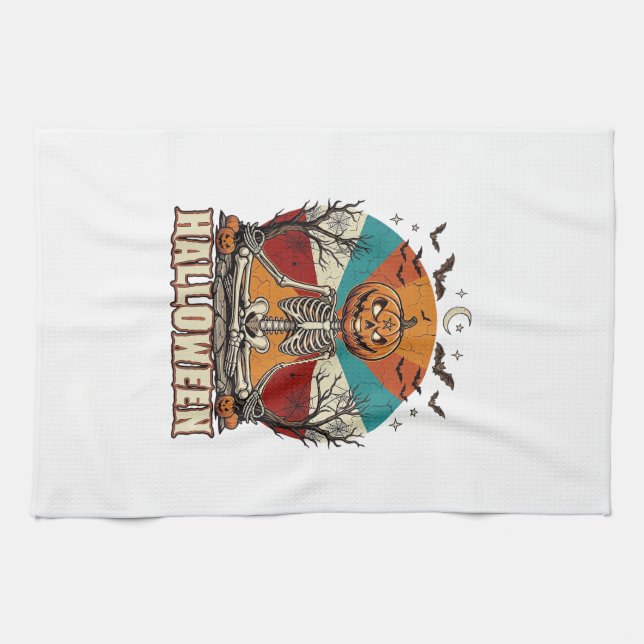 Halloween Meditating Pumpkin Skeleton Retro Sun Ba Kitchen Towel (Horizontal)