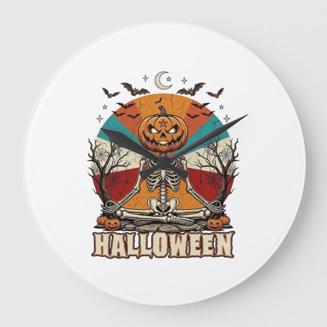 Halloween Meditating Pumpkin Skeleton Retro Sun Ba Large Clock (Front)