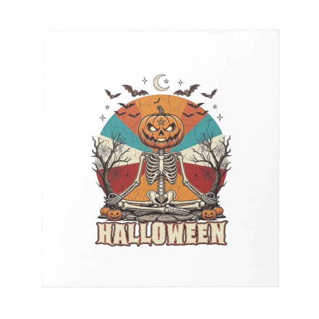 Halloween Meditating Pumpkin Skeleton Retro Sun Ba Notepad (Front)