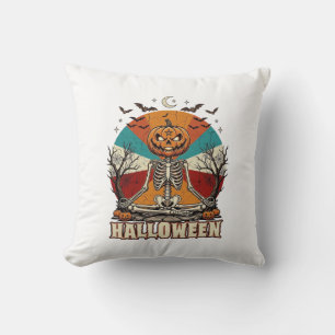 Halloween Meditating Pumpkin Skeleton Retro Sun Ba Throw Pillow