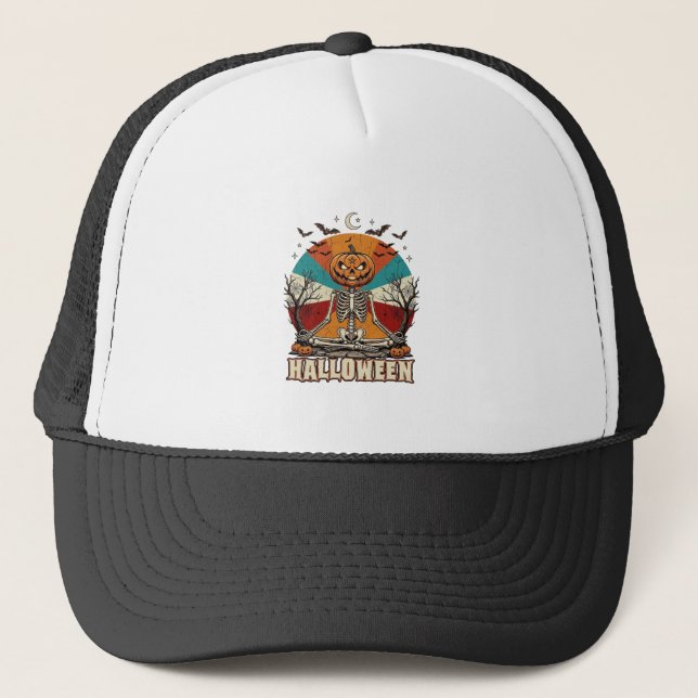 Halloween Meditating Pumpkin Skeleton Retro Sun Ba Trucker Hat (Front)