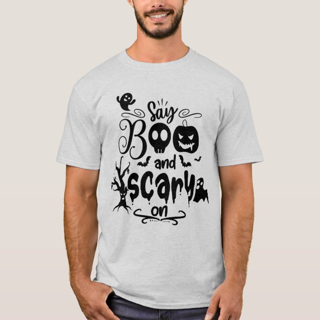Halloween men’s shirt, spooky ghost top, T-Shirt (Front)