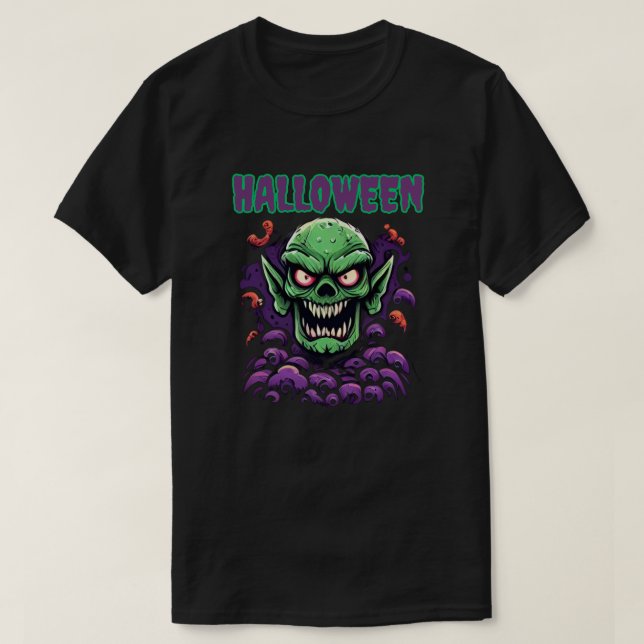 Halloween Menacing Green Goblinoid Monster Head T-Shirt (Design Front)