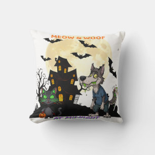 Halloween "Meow & Woof at Midnight" Cat & Werewolf Throw Pillow
