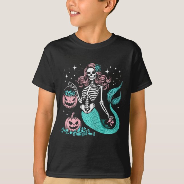 Halloween Mermaid Funny Skeleton  T-Shirt (Front)
