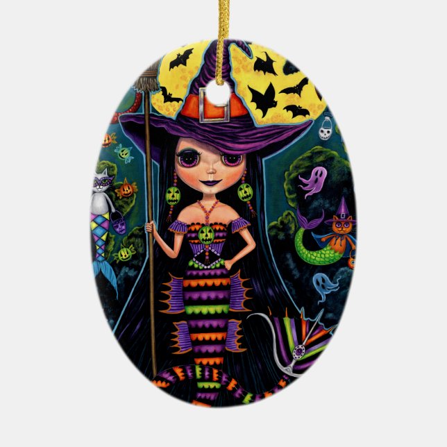 Halloween Mermaid Witch Mercats Ghosts Pumpkins Ceramic Ornament (Front)