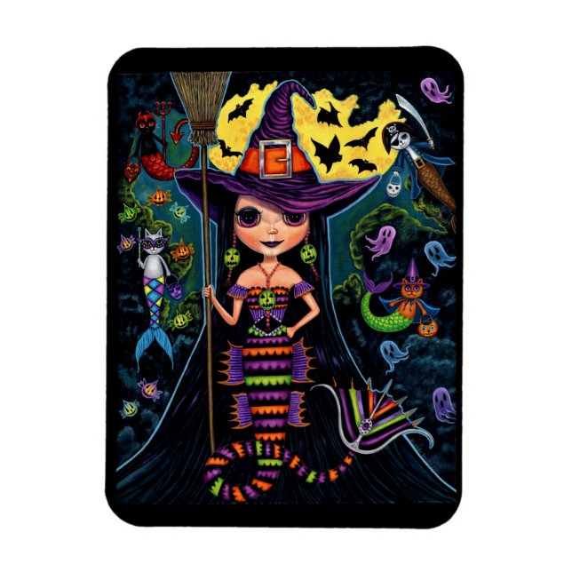 Halloween Mermaid Witch Mercats Ghosts Pumpkins Magnet (Vertical)