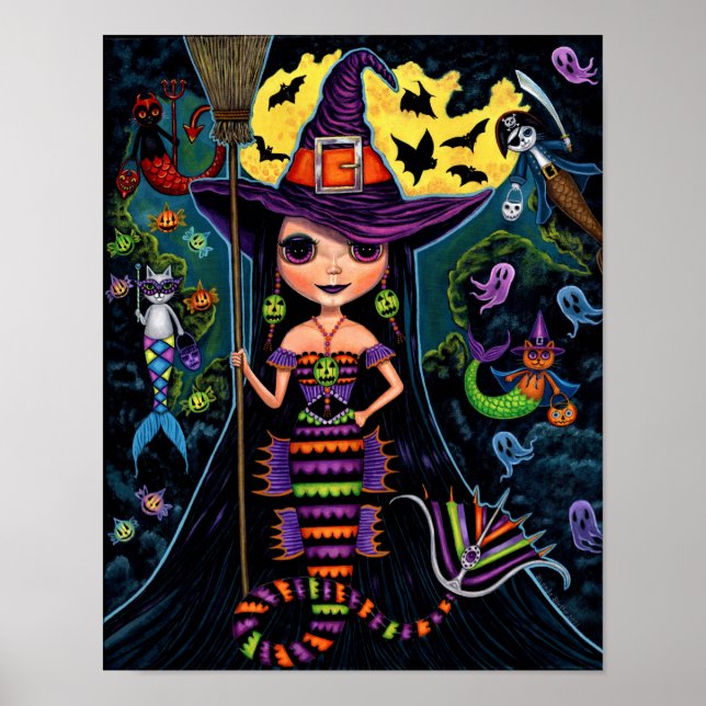 Halloween Mermaid Witch Mercats Ghosts Pumpkins Poster (Front)