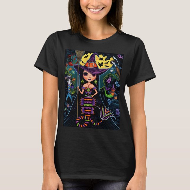 Halloween Mermaid Witch Mercats Ghosts Pumpkins T-Shirt (Front)