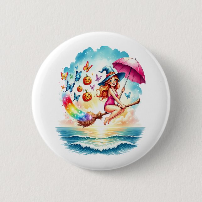 Halloween Mermaid Witch on Broom 2 Inch Round Button (Front)