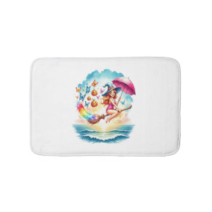 Halloween Mermaid Witch on Broom Bath Mat