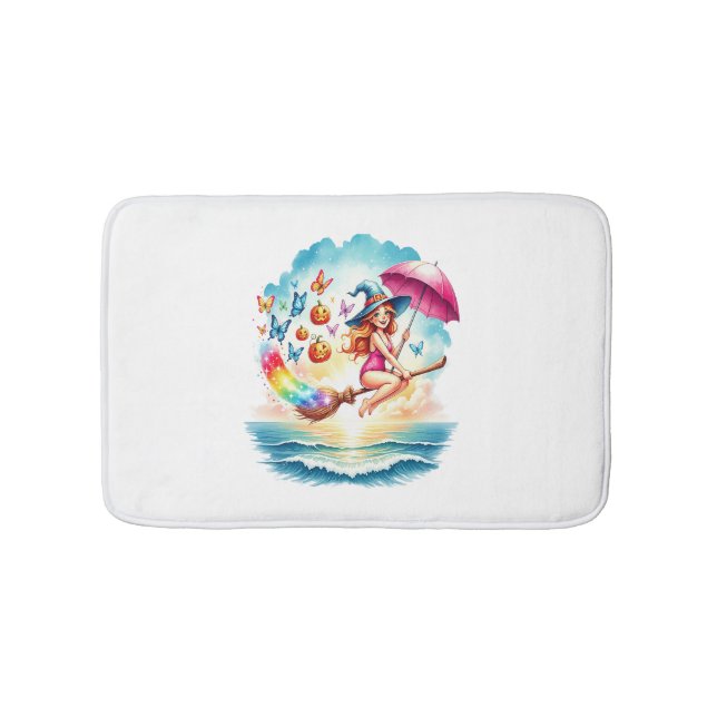 Halloween Mermaid Witch on Broom Bath Mat (Front)