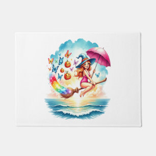 Halloween Mermaid Witch on Broom Doormat