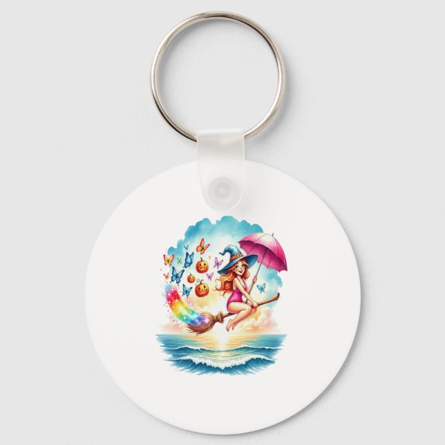 Halloween Mermaid Witch on Broom Keychain (Front)