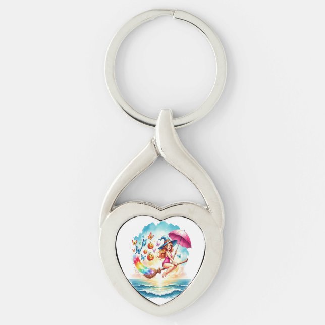 Halloween Mermaid Witch on Broom Keychain (Front)
