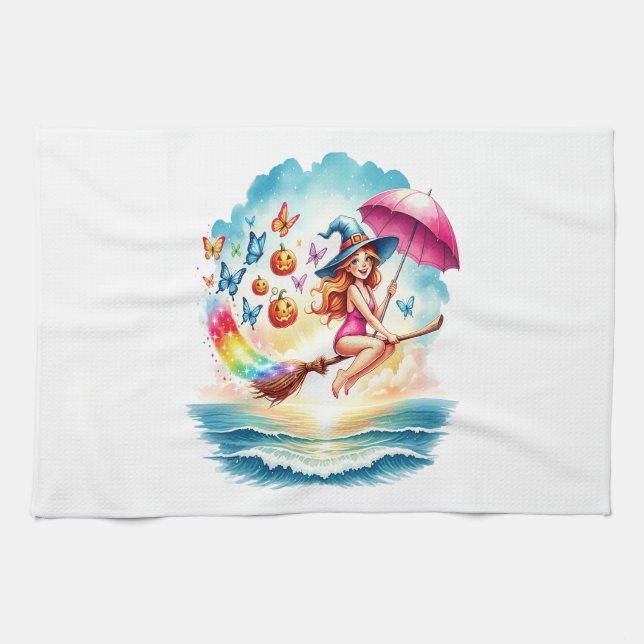 Halloween Mermaid Witch on Broom Kitchen Towel (Horizontal)