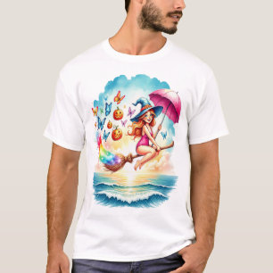 Halloween Mermaid Witch on Broom T-Shirt
