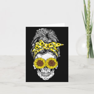 Halloween Messy Bun Hair Skull Sunflower Floral Card