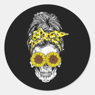 Halloween Messy Bun Hair Skull Sunflower Floral Classic Round Sticker