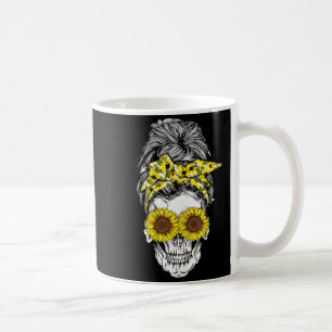 Halloween Messy Bun Hair Skull Sunflower Floral Coffee Mug