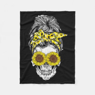 Halloween Messy Bun Hair Skull Sunflower Floral Fleece Blanket