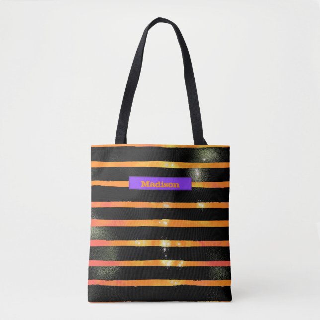 Halloween Metallic Stripe Personalized Trick Treat Tote Bag (Front)