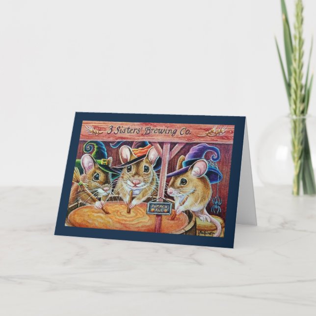 Halloween Mice Brewing Pumpkin Ale Watercolor Art Card (Front)