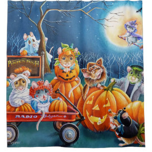 Halloween Mice in Pumpkin Patch Watercolor Art