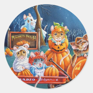 Halloween Mice in Pumpkin Patch Watercolor Art Classic Round Sticker