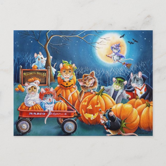Halloween Mice in Pumpkin Patch Watercolor Art Postcard (Front)