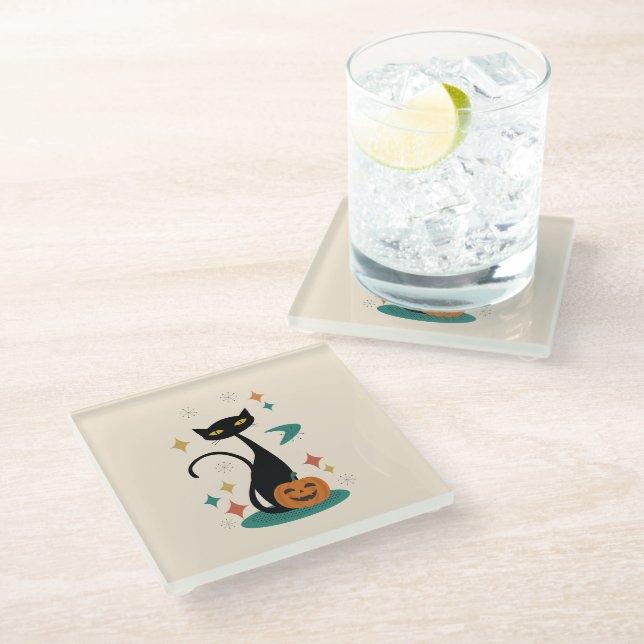 Halloween Mid Century Black Cat Glass Coaster (Angled)