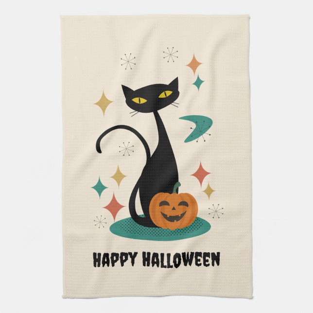Halloween Mid Century Black Cat Kitchen Towel (Vertical)