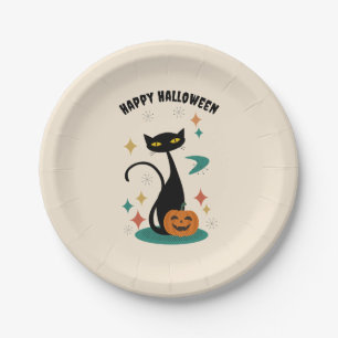 Halloween Mid Century Black Cat Paper Plate