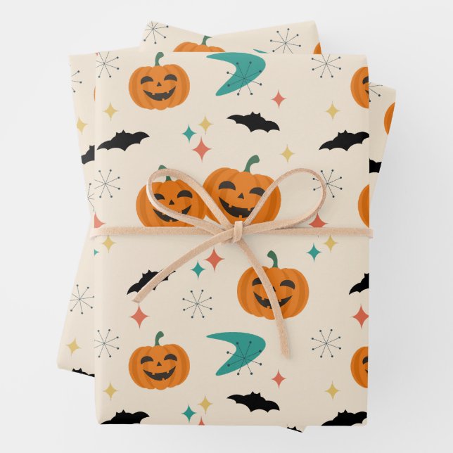 Halloween Mid Century Pumpkins Pattern Wrapping Paper Sheet (In situ)